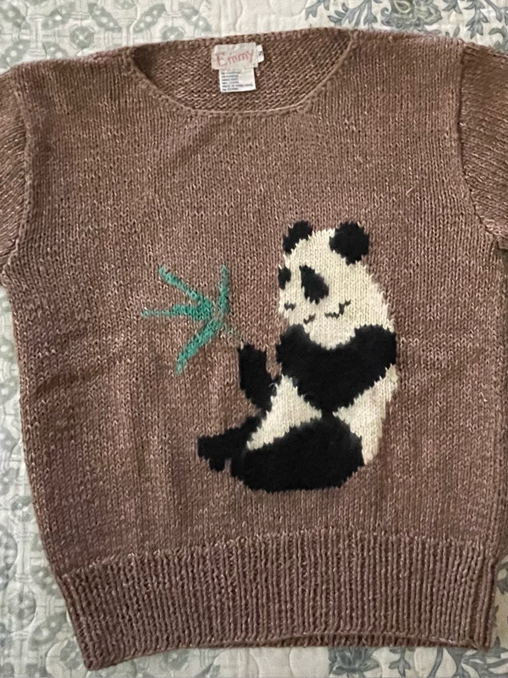 Cozy Brown Crewneck Sweater with Panda Intarsia